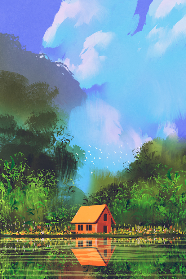 little orange house in forest under the blue sky,illustration painting